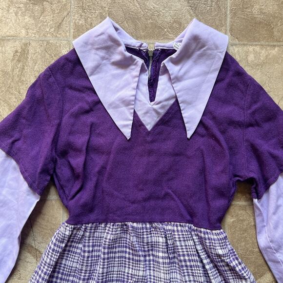 Vtg 70s Girls Purple Plaid Swing Dress Pointed Collar Mod Preppy Academia School - Picture 2 of 9